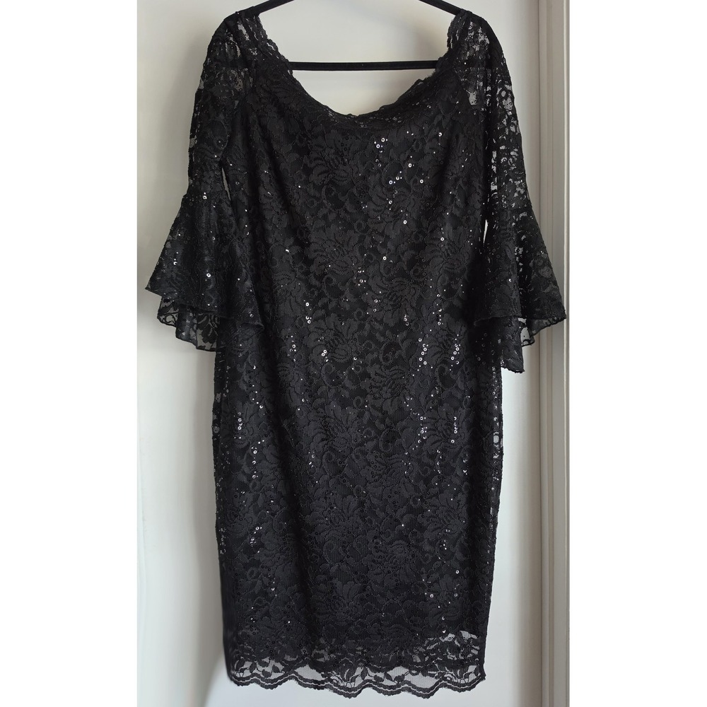 Flounce London Midi Dress Size 16 Formal Black Floral Lace Long Sleeve Gown